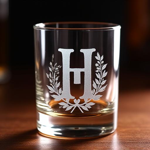 A close-up of a beautifully etched monogram on a crystal whiskey glass.