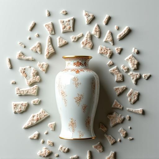 Shattered 18th-century porcelain vase before restoration.