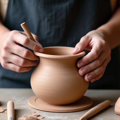 A potter applying fine details to an unfired clay pot.